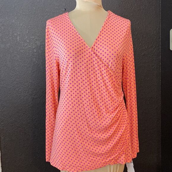 Soft Surroundings orange and pink polka‎ dot v neck asymmetrical ruched top - Picture 2 of 7
